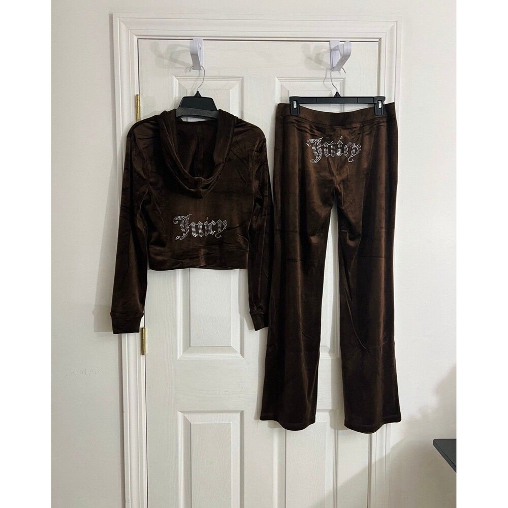 NWT Size Small Juicy Couture Bling Velour Tracksuit Hoodie & Pants Brown Sugar - Picture 2 of 7